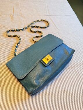 CHANEL Teal Caviar Leather Single Flap Shoulder Bag with Gold Chain